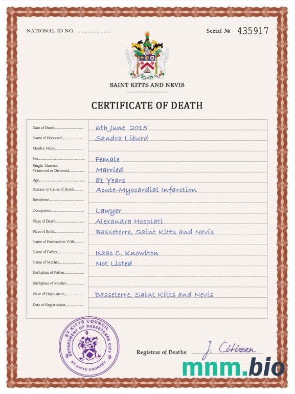 Saint Kitts and Nevis śmierć certyfikat PSD szablon